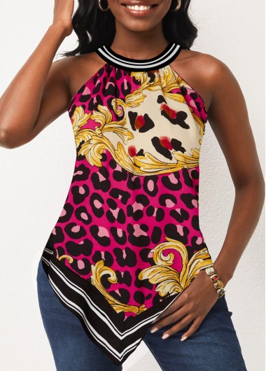 ROTITA Rose Red Leopard Baroque Print Bib Neck Tank Top