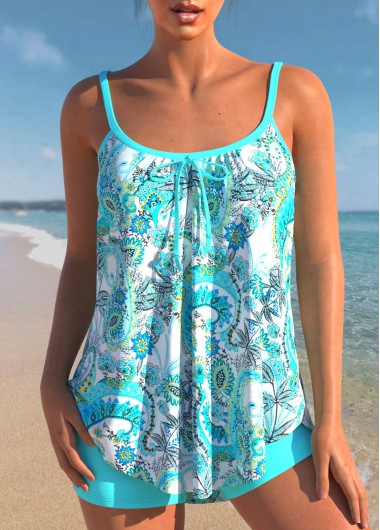 Cyan Tribal Paisley Print Bowknot Tankini Set