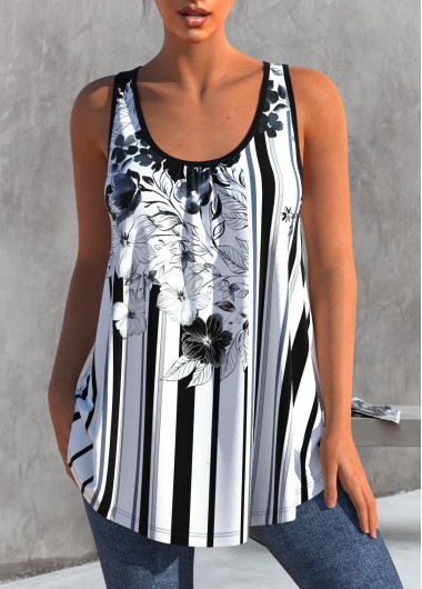 Striped Black Floral Print Wide Strap Tank Top