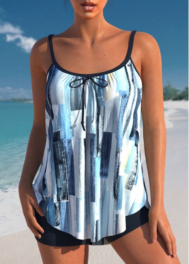 Bowknot Geometric Print Denim Blue Tankini Set