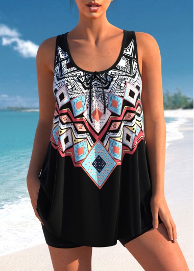 Bowknot Tribal Print Black Tankini Top