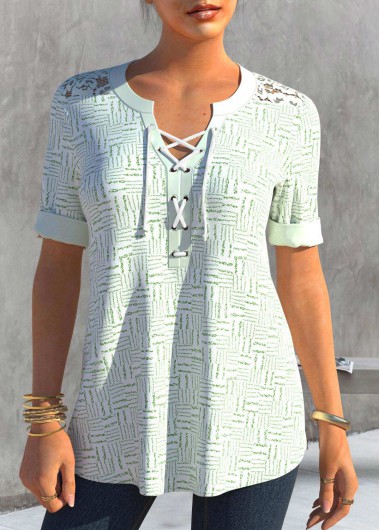 Striped Lace Stitching White Short Sleeve Blouse