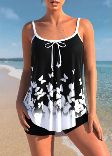 Butterfly Print Bowknot Black Tankini Top
