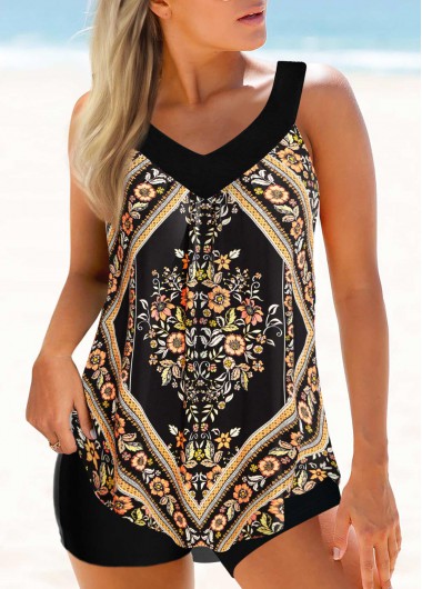 Curved Hem Floral Print Wide Strap Tankini Top