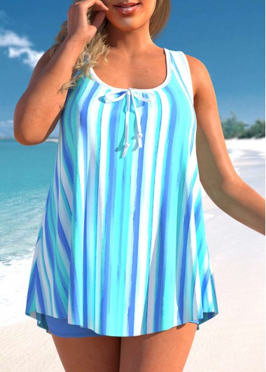 Plus Size Bowknot Sky Blue Striped Tankini Set