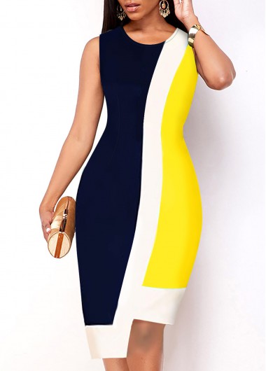 Contrast Asymmetric Hem Yellow Sleeveless Dress