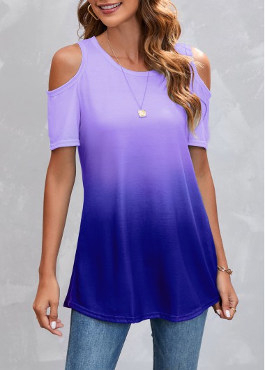 Purplish Blue Cold Shoulder Ombre T Shirt