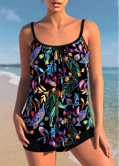 Spaghetti Strap Floral Print Black Tankini Top