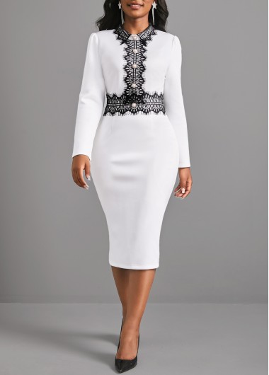 Lace Patchwork Long Sleeve White Dress