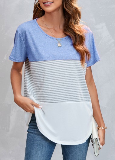 Round Neck Light Blue Striped T Shirt