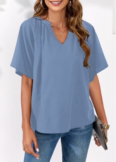 Split Neck Butterfly Sleeve Blue Blouse