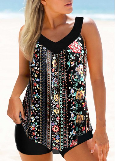 Floral Print Wide Strap Black Tankini Top