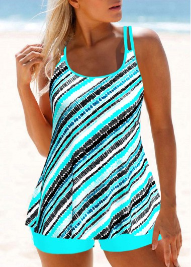 Double Straps Cyan Striped Tankini Top
