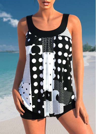 Geometric Print Black Polka Dot Tankini Top