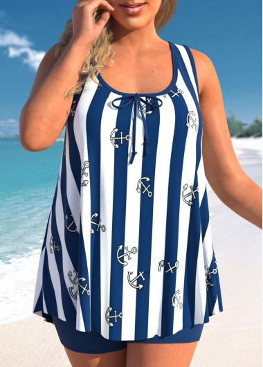 Striped Bowknot Navy Blue Plus Size Tankini Top