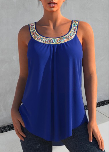 Hot Drilling Wide Strap Royal Blue Tank Top