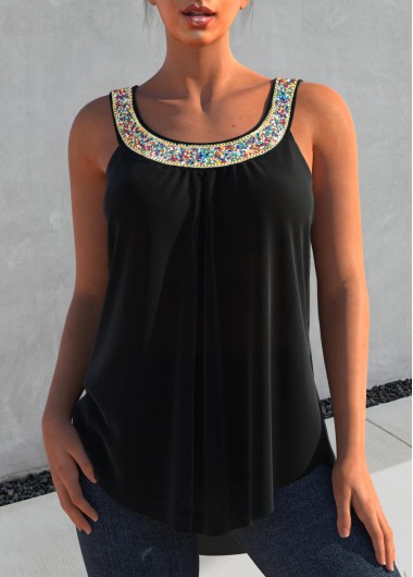 Hot Drilling Wide Strap Black Tank Top