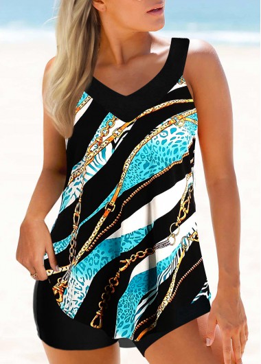 ROTITA Color Block Chain Print Tankini Top