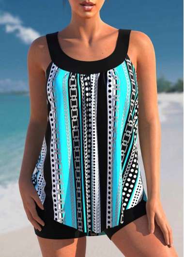 Cyan Stripe Print Wide Strap Tankini Set