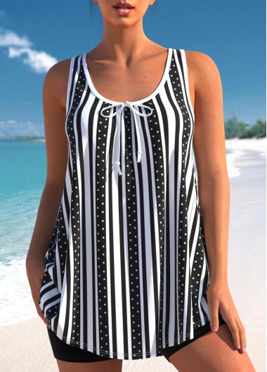 Stripe Print Black Bowknot Tankini Top