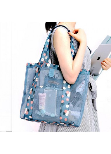 Floral Print Fishnet Panel Dusty Blue Ditsy Beach Bag
