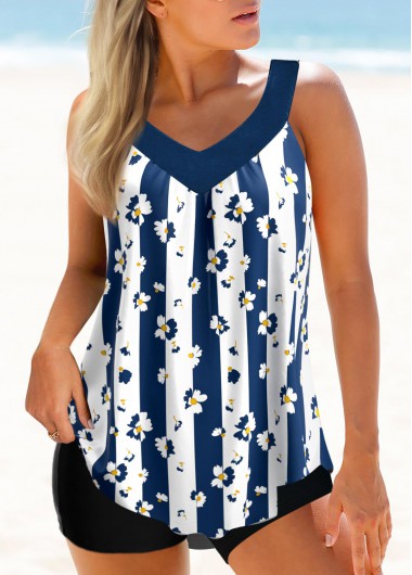 Wide Strap Floral Print Dark Blue Tankini Top