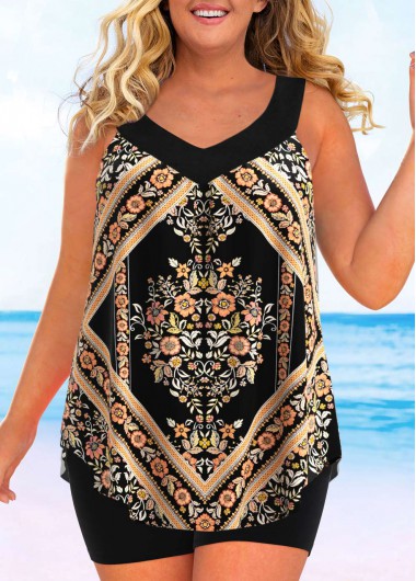 Plus Size Floral Print Gold Tankini Top