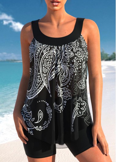 ROTITA Black Wide Strap Paisley Print Tankini Top