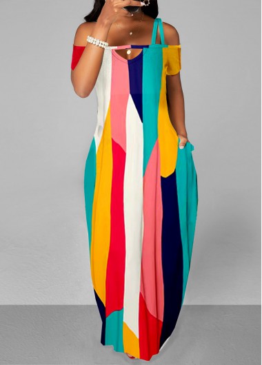 Contrast Strappy Cold Shoulder Double Side Pockets Dress