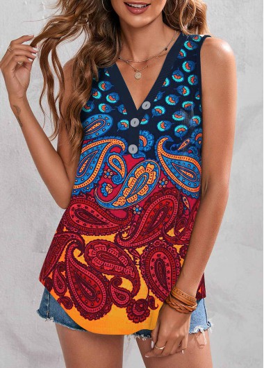 V Neck Button Detail Paisley Print Tank Top