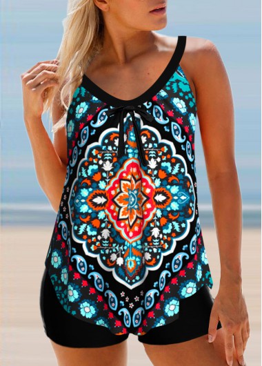 Tribal Print Bowknot Multi Color Tankini Top