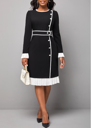 ROTITA Round Neck Black Contrast Long Sleeve Dress