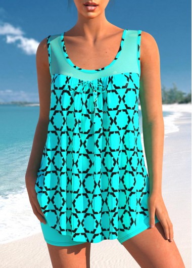ROTITA Geometric Print Fishnet Panel Cyan Tankini Top
