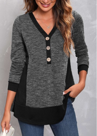 Dark Grey Marl V Neck Decorative Button T Shirt