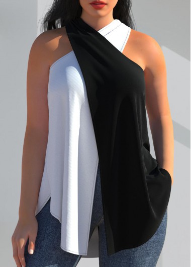 Sleeveless Black Cross Halter Contrast Tank Top