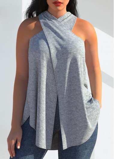 ROTITA Cross Halter Sleeveless Grey Tank Top