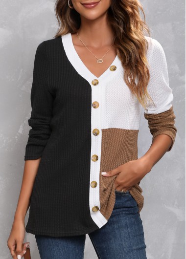 Decorative Button V Neck Black T Shirt