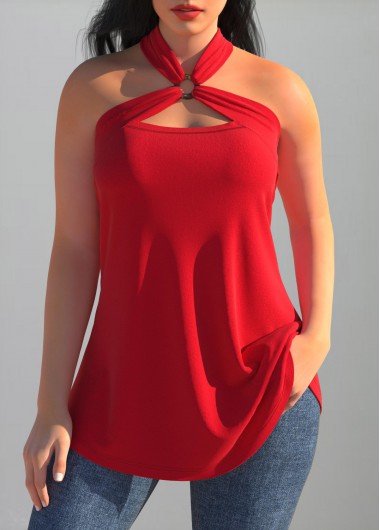 Cross Halter Open Back Red Tank Top