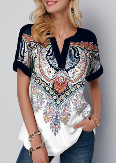 Tribal Print Split Neck Multi Color Blouse