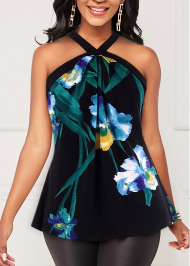 Floral Print Black Halter Keyhole Back T Shirt