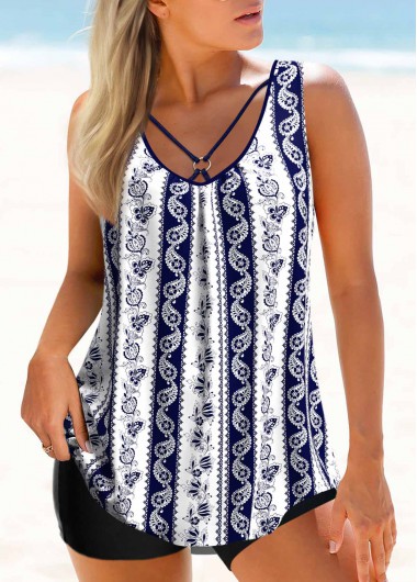 Paisley Print Metal Ring Navy Blue Tankini Top