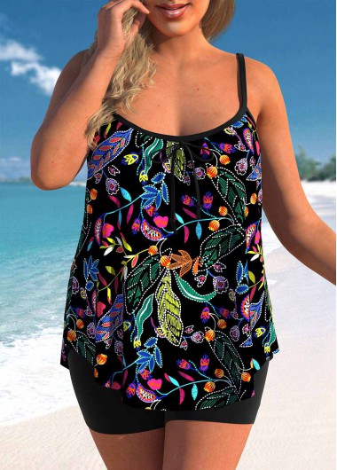 Leaf Print Plus Size Black Tankini Top