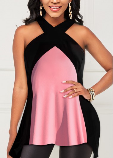 Front Cross Sleeveless Pink Tank Top