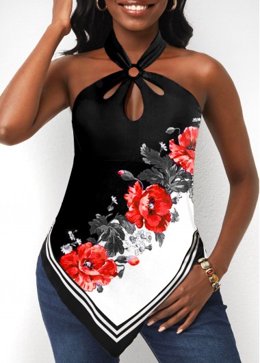 Halter Floral Print Black Asymmetric Hem Tank Top
