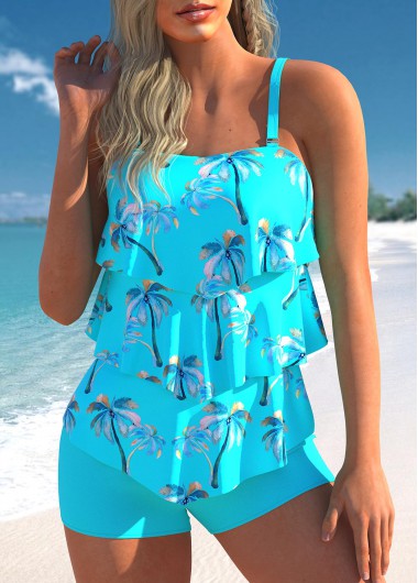 ROTITA Coconut Tree Print Cyan Layered Hem Tankini Set