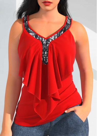 Red Sequin Detail Flounce Tank Top