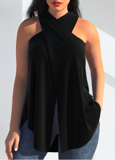 Halter Cross Front Black Tank Top
