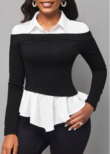 Long Sleeve Faux Two Piece Black Blouse