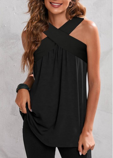 Cross Halter Black Crinkle Chest Tank Top