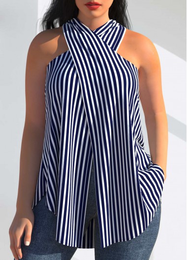 Cross Front Halter Navy Blue Striped Tank Top